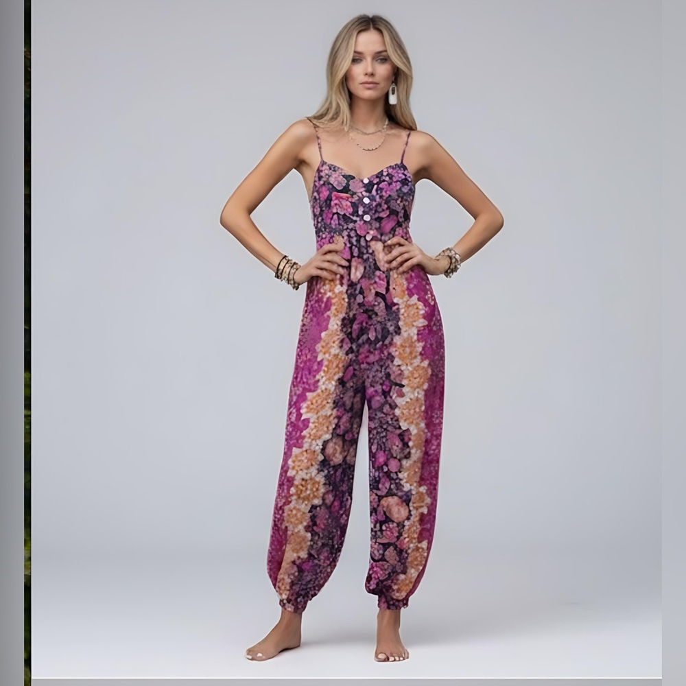 Boho Floral Print Button Front Cami Jumpsuit
